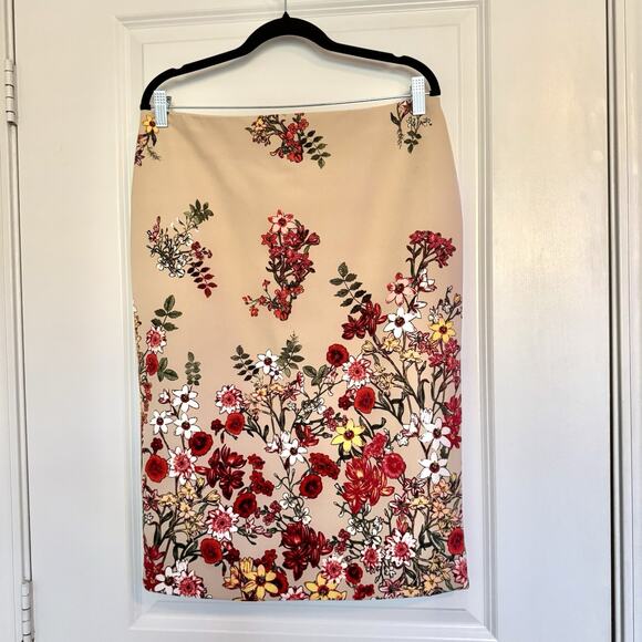 7th Avenue Ny&Co Pencil Skirt Sz 12 Nude Beige Red Floral Print Career Suit - Picture 1 of 12